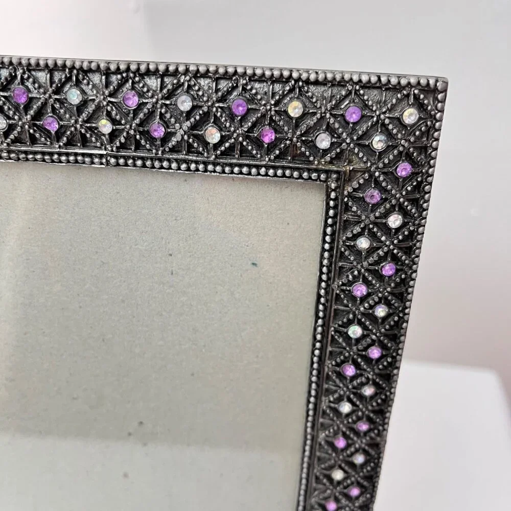 Vintage‎ Gun Metal Picture Frame With Purple & Clear Gem Accents For 4x6 Photos